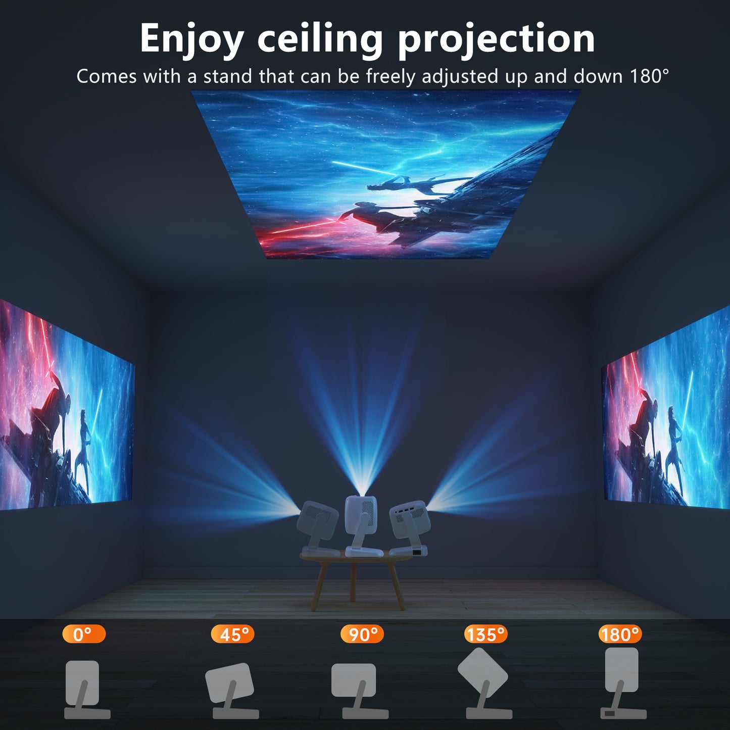 Dancieya R2 Home Projector, Native 1080P, 4K Support, Android 9 System, Ceiling Projector with 180°Adjustable Stand