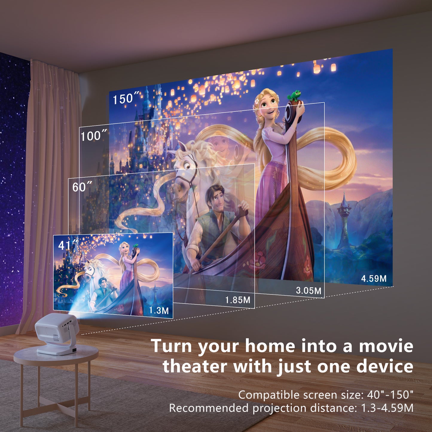 Dancieya R2 Home Projector, Native 1080P, 4K Support, Android 9 System, Ceiling Projector with 180°Adjustable Stand