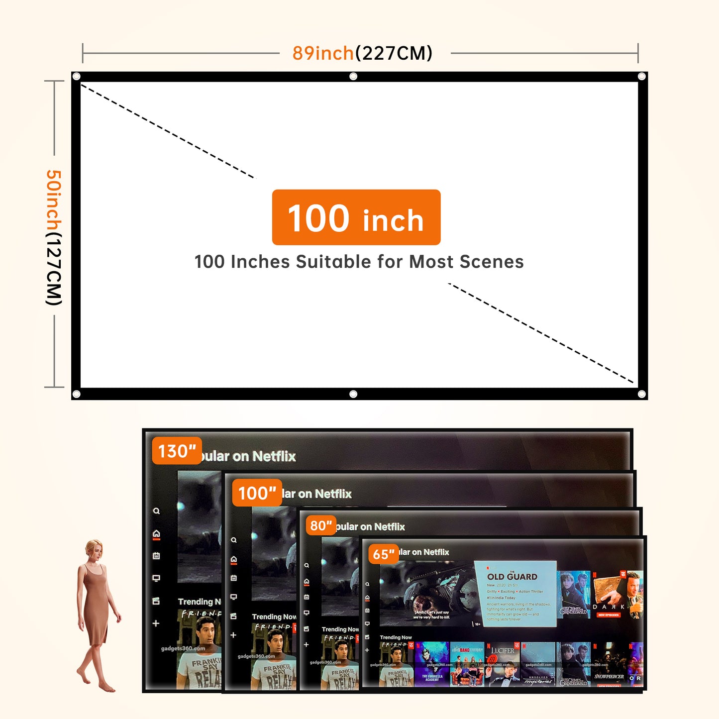 Projector Screen 100 inch 16:9, Portable Indoor Outdoor Screen for Home Cinema, Theater, School