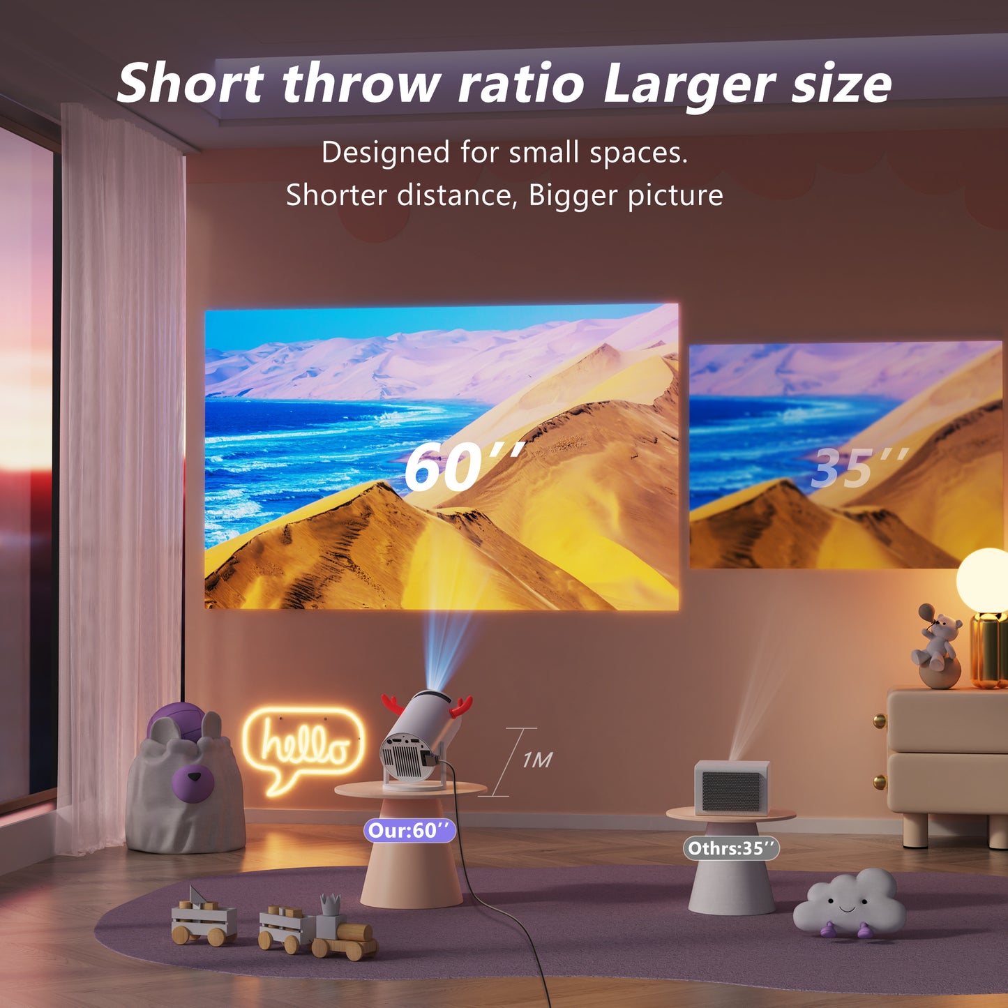 DANCIEYA HY300 Pro Projector HD 1080P 4K Supported, Kids APP Bulit-in System, Short Throw Projector for Home