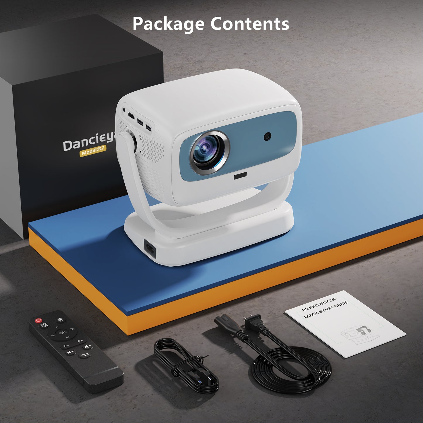 Dancieya R2 Home Projector, Native 1080P, 4K Support, Android 9 System, Ceiling Projector with 180°Adjustable Stand